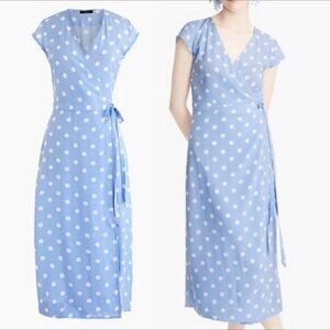 J. Crew Dress Blue Polkd Dot Wrap Midi Cap Sleeve Tie Waist Preppy Summer Party
